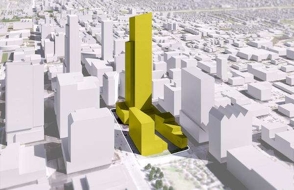Rendering of new development on Omaha's first block, 新建筑用黄色标出.